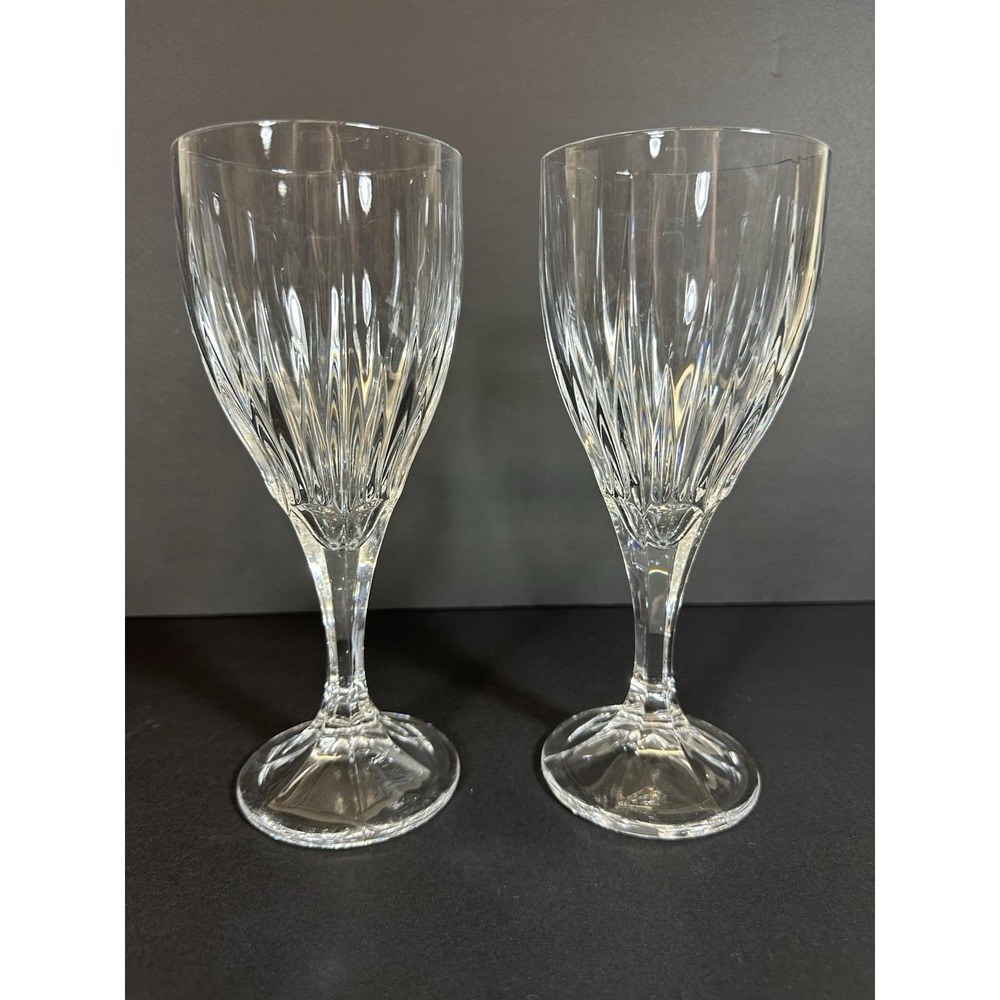 Godinger Ingrid Crystal Water Goblets ~8" Set Of‎ 2 Vertical Cuts 10 oz Vtg 90s